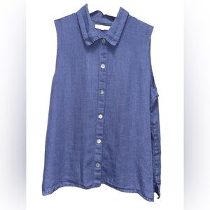 Flax Sleeveless Button-Front Collared tank Top in Indigo Blue large